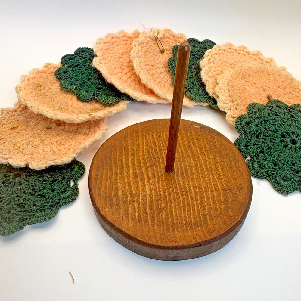 Vtg Crocheted Drink Coasters Wooden Holder 10 Granny Core Pink/Green Boho Decor